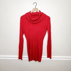 Hooked Up Red Sparkle Cowl Neck Long Sleeve Knit Shirt